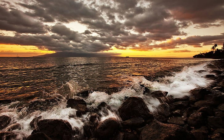 Clouds Sunset Ocean Rocks Stone Beach HD, ธรรมชาติ, มหาสมุทร, เมฆ, พระอาทิตย์ตก, ชายหาด, หิน, หิน, วอลล์เปเปอร์ HD