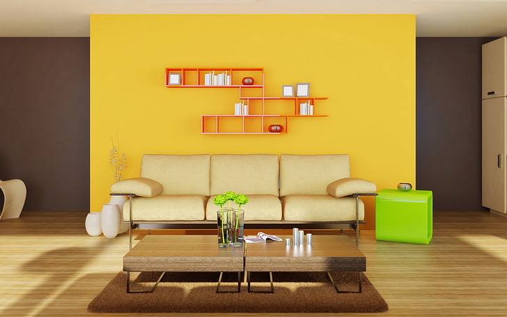 sofá de 3 lugares em couro branco, interior, minimalismo, brilhante, HD papel de parede