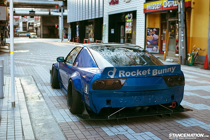 mobil Rockey Bunny biru dan hitam pada permukaan abu-abu, Nissan, Nissan S13, StanceNation, Rocket Bunny, Wallpaper HD