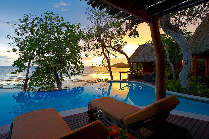 Fiji Sunset, senja, firdaus, kolam renang, pemandangan, pulau, bersantai, oranye, tropis, indah, matahari terbenam, fiji, samudra, berenang, senja, Wallpaper HD