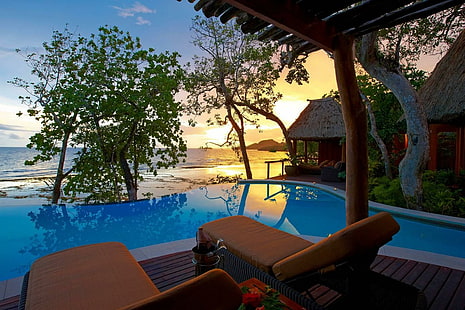Fiji Sunset, dusk, paradise, pool, view, island, relax, orange, tropical, beautiful, sunset, fiji, ocean, swimming, twilight, HD wallpaper HD wallpaper