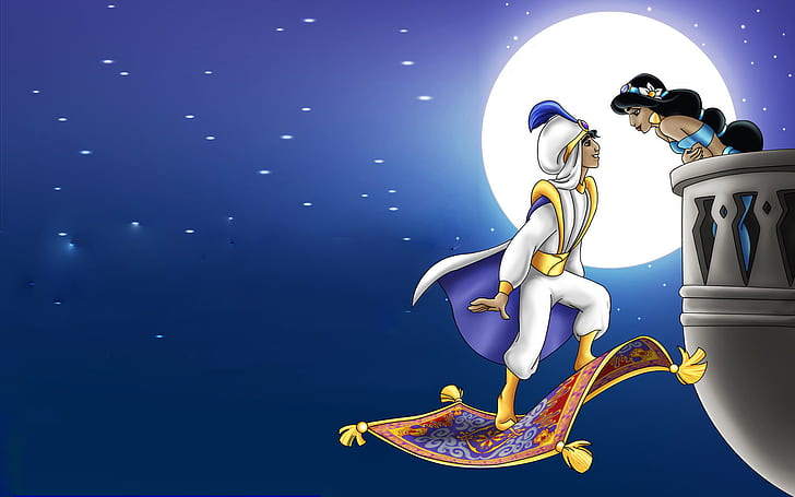 Aladdin And Princess Jasmine Romantic Night Full Moon Hd Wallpaper 1920×1200, HD wallpaper