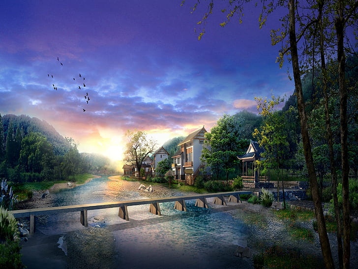 очарователно село HD, кафява и бяла бетонна къща река и мост илюстрация, природа, село, очарователно, HD тапет