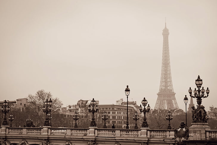 Эйфелева башня, мост, город, Франция, Париж, огни, Эйфелева башня, архитектура, La tour Eiffel, Pont Alexandre III, HD обои