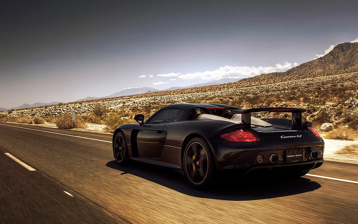 czarne sportowe coupe na szarej drodze, samochodzie, drodze, Porsche Carrera GT, Carrera GT, Tapety HD
