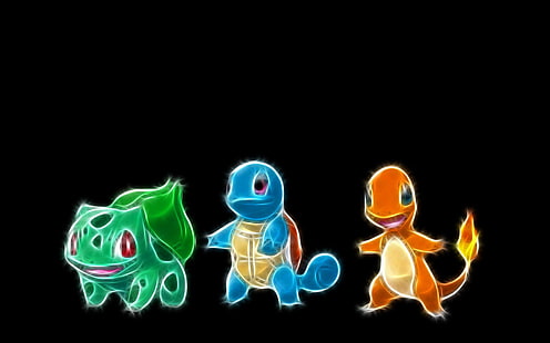 Grafika trzech Pokemonów, Pokémon, Anime, Bulbasaur (Pokémon), Charmander (Pokémon), Glow, Squirtle (Pokémon), Starter Pokemon, Tapety HD HD wallpaper
