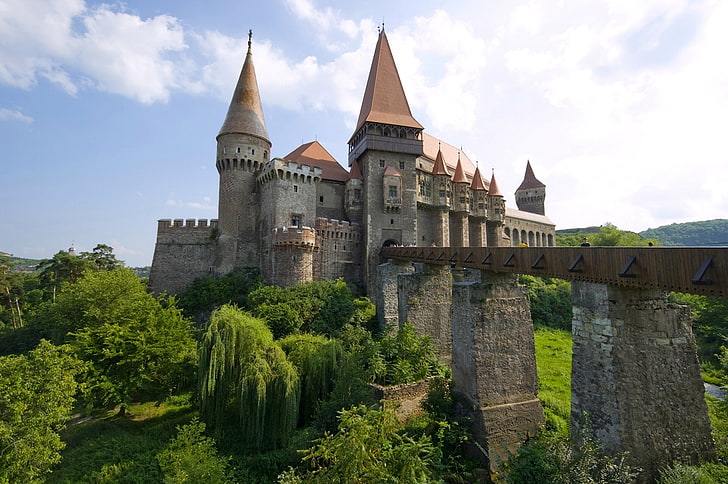 brown and gray castle, corvin castle, hunedoara, transylvania, romania, HD wallpaper