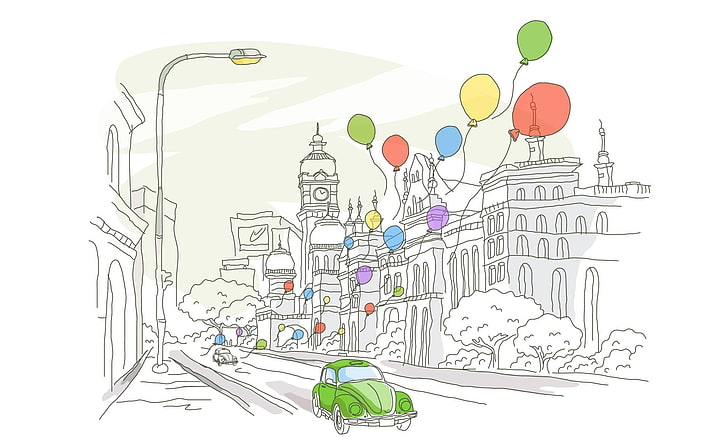 Ilustrasi Perjalanan 21, ilustrasi Volkswagen Beetle coupe dan balon hijau, Artistik, Gambar, Perjalanan, Ilustrasi, Wallpaper HD