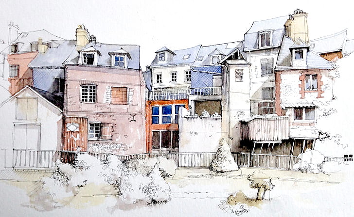 figure, France, watercolor, the urban landscape, Honfleur, HD wallpaper