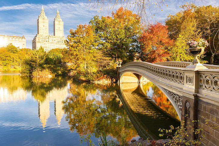 осень, мост, озеро, Нью-Йорк, США, Центральный парк, HD обои