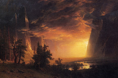 moln, landskap, berg, stenar, bild, Albert Bierstadt, solnedgång i Yosemite Valley, HD tapet HD wallpaper