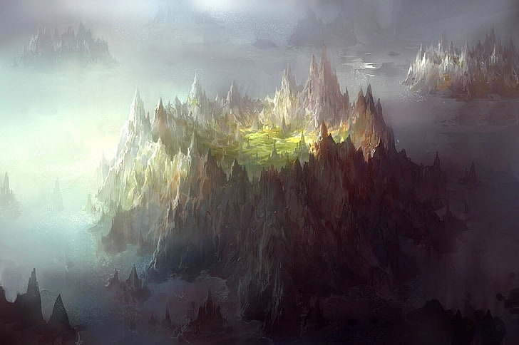 peinture de volcan, fantaisie, paysage, Fond d'écran HD