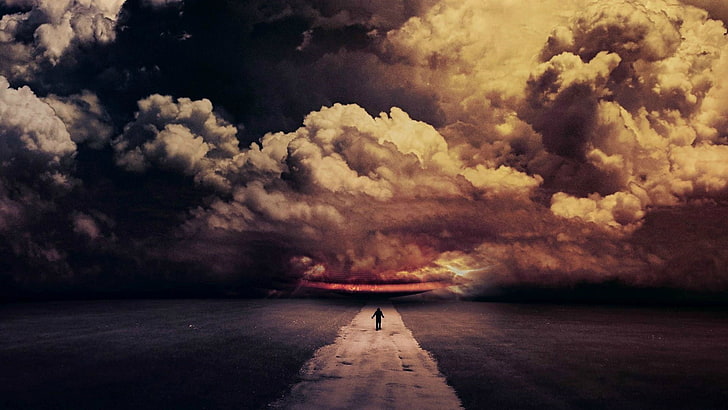 gray clouds, aliens, road, sky, field, people, ship, alone, walking, space, storm, HD wallpaper