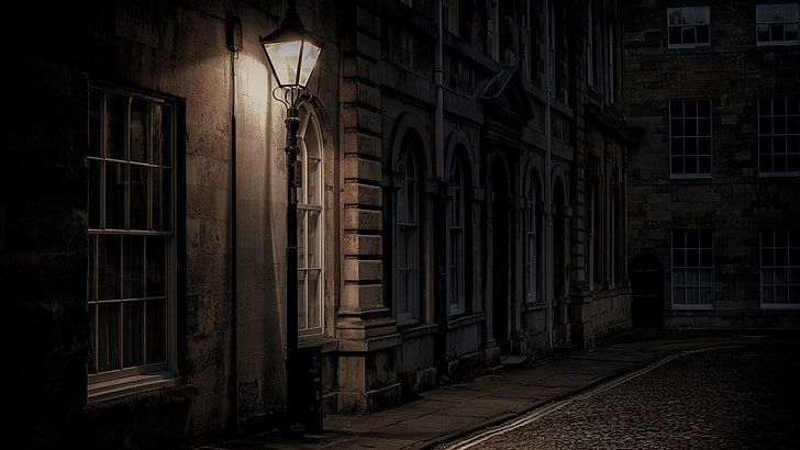 alley, darkness, light, street light, night, street, window, building, city, facade, streetlight, creepy, house, HD wallpaper