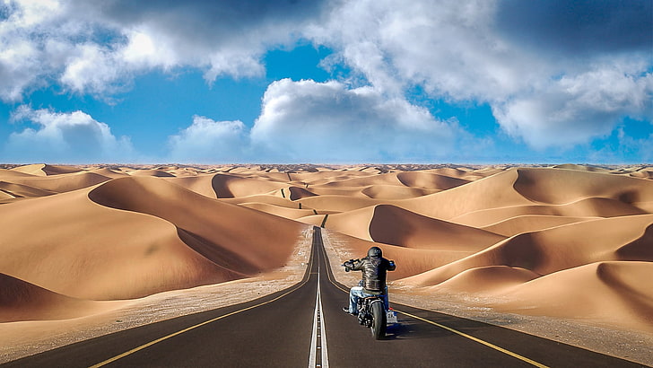 sand dunes, road, sand, the dunes, the way, hills, collage, desert, photoshop, motorcycle, motorcyclist, photo, photographer, Andrés Nieto Porras, HD wallpaper