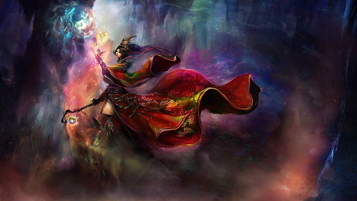 Schwarzhaariges Mädchen im roten Kleid als Hintergrundbild, Grafik, Fantasiekunst, Zauberer, Diablo III, Videospiele, HD-Hintergrundbild