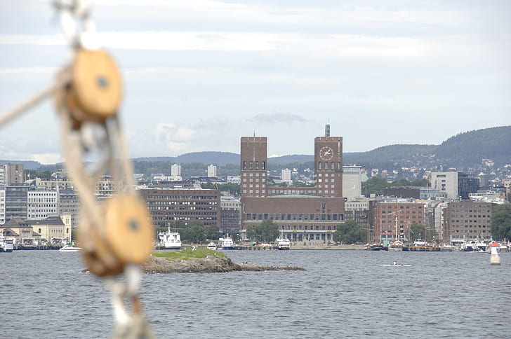 Oslo, Norwegen, Stadtbild, Uhren, Wasser, HD-Hintergrundbild