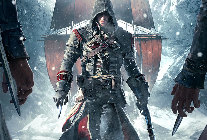 Assassin's Creed цифровые обои, снег, оружие, корабль, лед, руки, капюшон, тамплиер, паруса, убийца, мечи, Ubisoft, Шей Патрик Кормак, Assassin's Creed: Rogue, HD обои