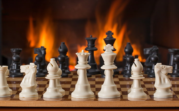 Playing Chess, white and black chess set, Games, Chess, Winter, Classic, Board, Play, Game, King, Fire, Winner, Strategy, Battle, Warmth, Knight, Move, piece, fireplace, success, pawn, Competition, recreation, Bishop, leisure, intelligence, chessboard, chessboard queen, lames, chessboard
 queen, HD wallpaper