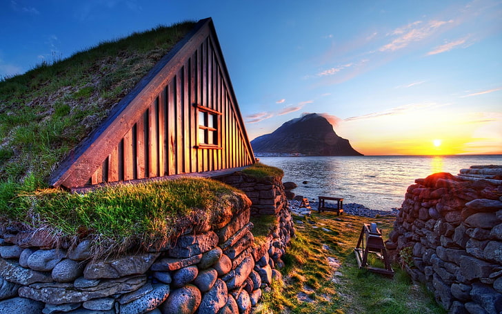 beau lever de soleil-Nature HD Wallpaper, cabine en bois brun, Fond d'écran HD