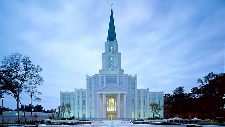 бяла бетонна сграда, мормон, храм, църквата на Исус Христос на светиите от последните дни, архитектура, синьо, сграда, кула, HD тапет