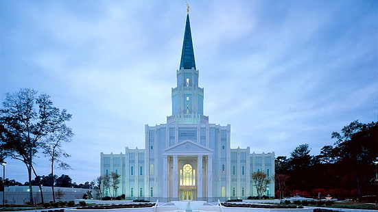 budynek z białego betonu, Mormon, świątynia, Kościół Jezusa Chrystusa Świętych w Dniach Ostatnich, architektura, niebieski, budynek, wieża, Tapety HD HD wallpaper