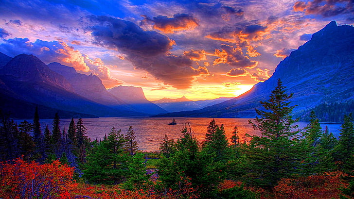 Сент-Мэри-Лейк, Монтана, США, пейзаж, закат, декорации, красивые, потрясающие, пленительные, облака, сосны, горы, HD обои