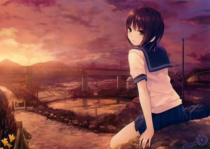 anime, anime girls, landscape, short hair, Coffee-Kizoku, HD wallpaper