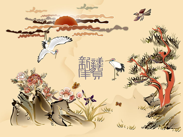two white swans painting, the sun, trees, flowers, birds, characters, Chinese motifs, HD wallpaper