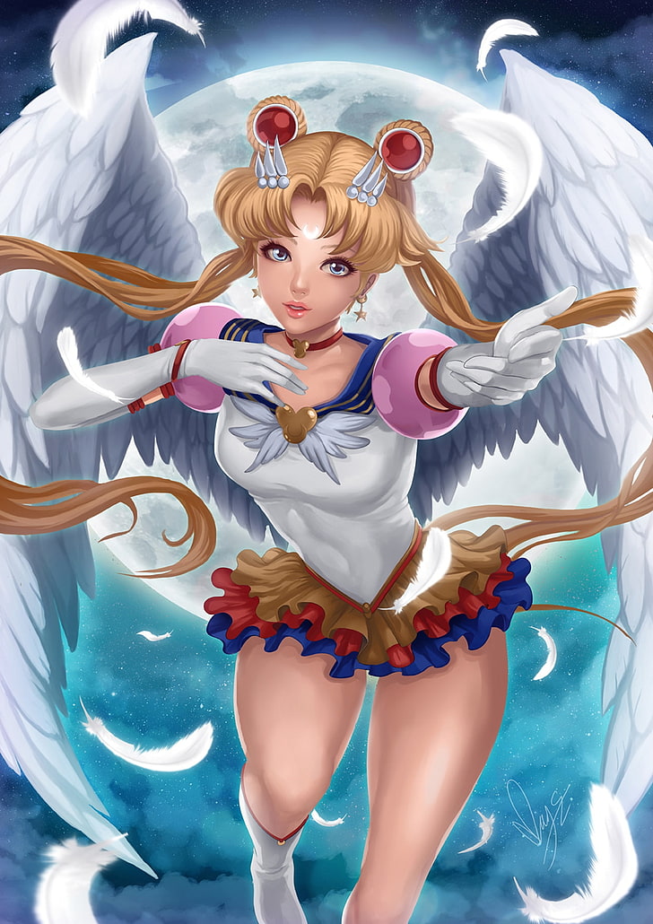 angel, anime, beautiful, bishoujo, character, girl, moon, sailor, senshi, wings, HD wallpaper