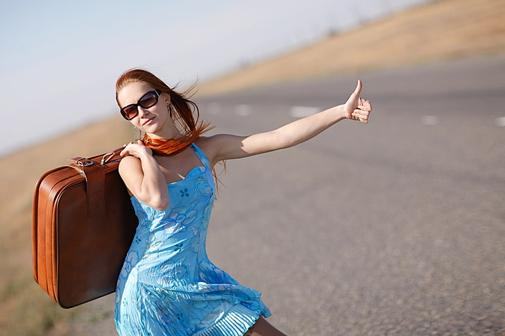 girl, dress, highway, glasses, suitcase, is, gesture, redhead, hitchhiking, vote, bokeh, on the road, HD wallpaper