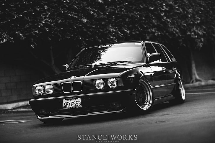 black Mercedes-Benz car, car, BMW E34 Touring, Stance, tuning, lowered, German cars, Stanceworks, HD wallpaper