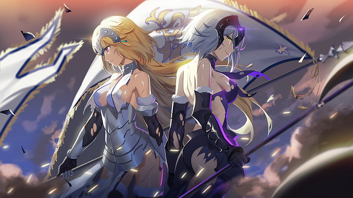 two white and yellow haired women anime characters wallpaper, Fate Series, anime, anime girls, Fate/Grand Order, Jeanne d'Arc, Jeanne d'arc alter, armor, dress, banner, black dress, black gloves, blonde, elbow gloves, long hair, purple eyes, yellow eyes, short hair, sideboob, silver hair, smiling, standing, torn clothes, flag, warrior, headdress, wind, dust, Fate/Apocrypha, Ruler (Fate/Apocrypha), Avenger (Fate/Grand Order), HD wallpaper