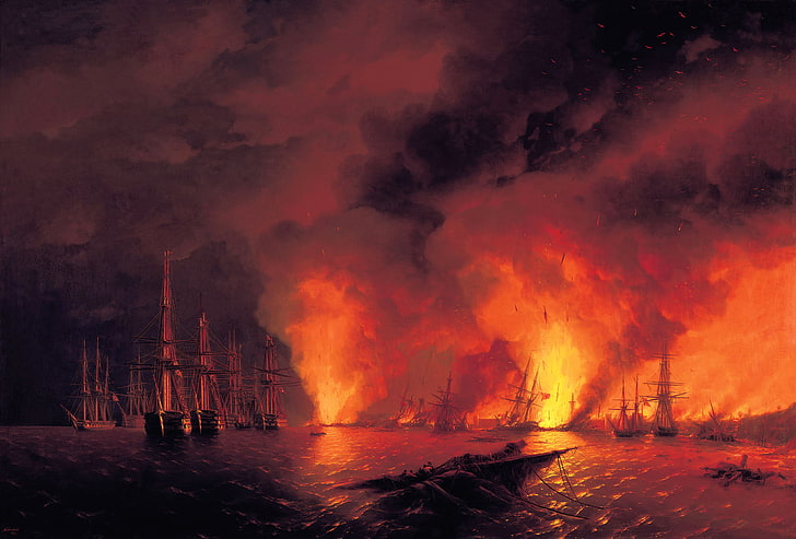 brown ships, sea, night, ships, picture, the battle, battle, genre, Ivan Aivazovsky, HD wallpaper