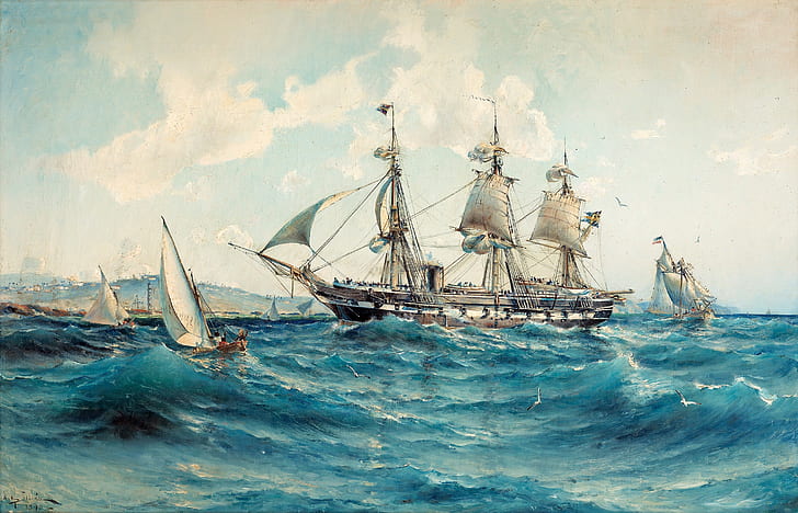 morze, statek, burza, port, Herman Gustav Sillen, Realizm, Tapety HD