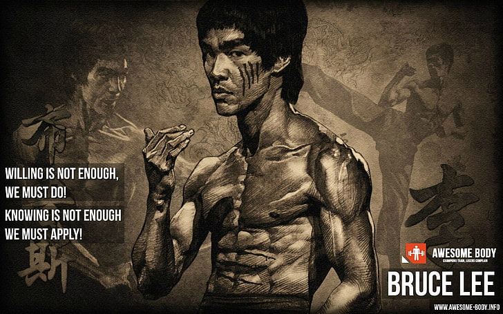 Bruce Lee wallpaper, working out, skinny, Bruce Lee, quote, motivational, HD wallpaper