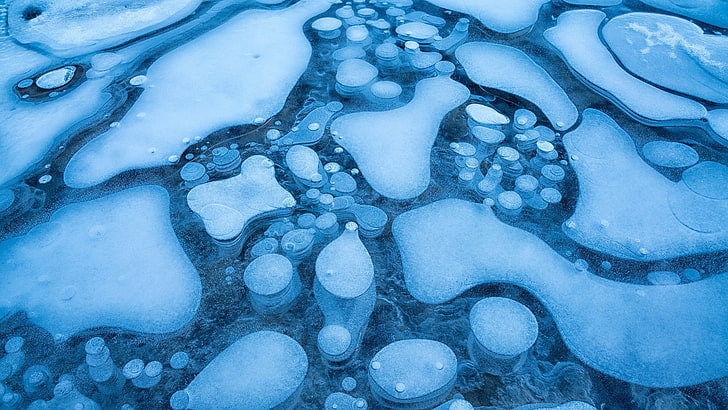 природа, зима, лед, пузыри, мороз, синий, снег, замерзшая река, голубой, HD обои