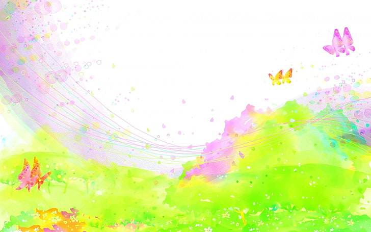 비행 나비 그래픽 벽지와 초원, 페인트, 스프레이, 필드, 꽃, 나비, HD 배경 화면