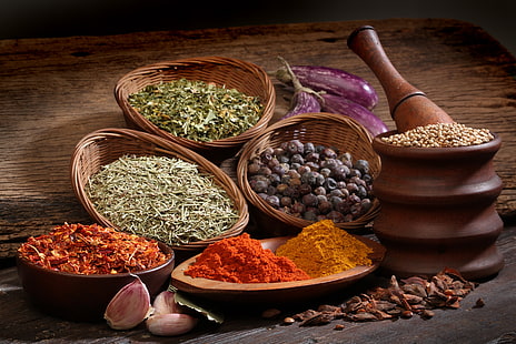 basket of spices, spices, garlic, seasoning, black pepper, red pepper, bowls, curry, coriander, HD wallpaper HD wallpaper