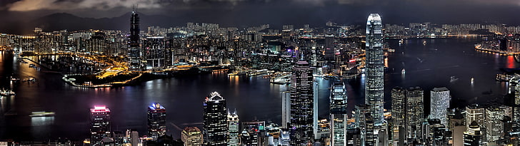 gray city skyline, city, cityscape, Hong Kong, night, HDR, China, HD wallpaper