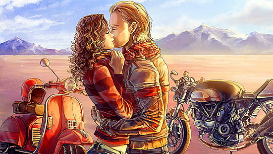biker, kiss, motorcycles, couple, romance, love, art, HD wallpaper HD wallpaper