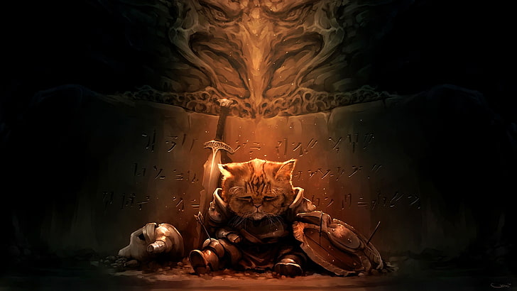 ilustração de soldado gato, gato com ilustração de armadura e espada, gato, triste, The Elder Scrolls V: Skyrim, Khajiit, Lirik, Darren Geers, videogames, HD papel de parede