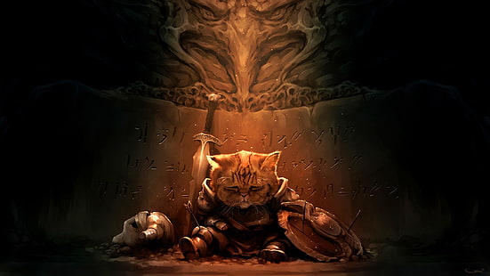 illustrazione di soldato di gatto, gatto con armatura e illustrazione di spada, gatto, triste, The Elder Scrolls V: Skyrim, Khajiit, Lirik, Darren Geers, videogiochi, Sfondo HD HD wallpaper