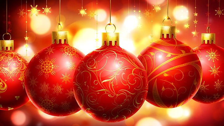 five red baubles, Christmas, HD wallpaper