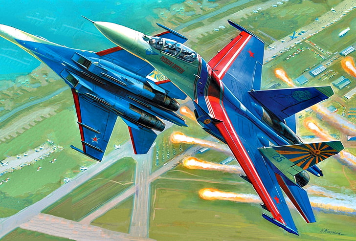 art, Russia, weatherproof, Su-27UB, Russian Knights, the fourth generation fighter, Soviet/Russian, Videoconferencing Russia, aviation group aerobatics, HD wallpaper