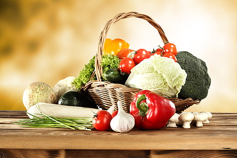 basket, mushrooms, pepper, vegetables, tomatoes, cabbage, cucumbers, HD wallpaper HD wallpaper