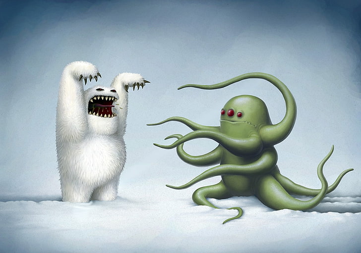 eisbär und grüne monstertapete, winter, schnee, figur, krake, monster, Yeti, rob sheridan, schwarzer humor, angst, drei augen, HD-Hintergrundbild