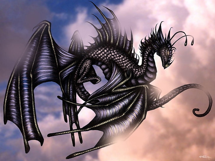 иллюстрация черного дракона, фэнтези, дракон, HD обои