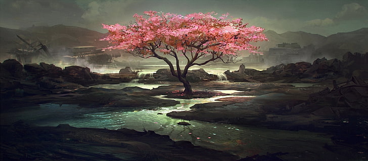 розовое лиственное дерево, озеро, дерево, арт, мрачный, HD обои