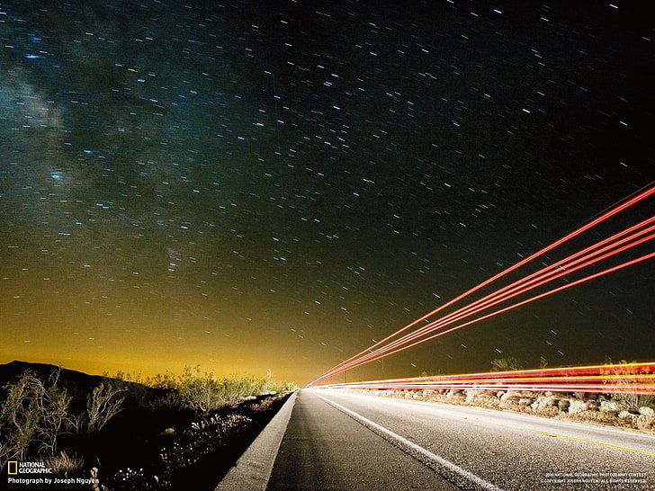 rotes und weißes Holzbrett, National Geographic, Straße, Lichtspuren, HD-Hintergrundbild